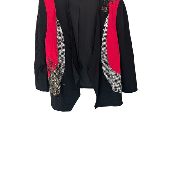 Chico's Blazer Black Red Art To Wear Mixed Media Sequin Open Front Relaxed XL - Picture 4 of 11